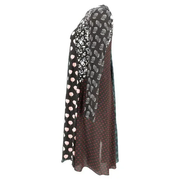 Lanvin Patchwork Long Sleeve Midi Dress in Multicolor Silk